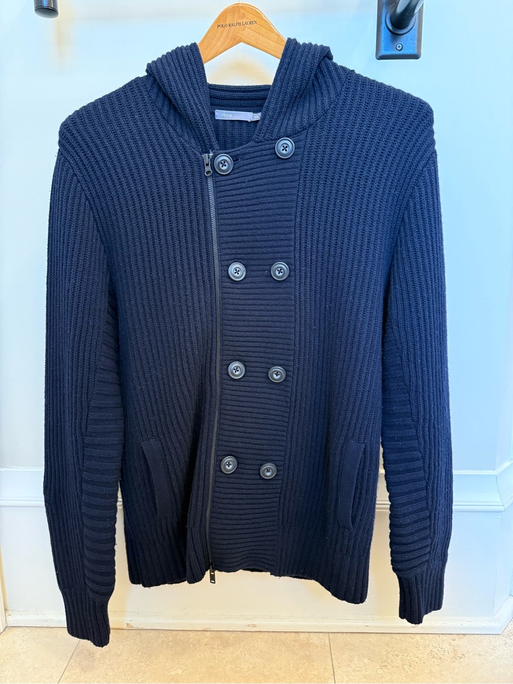 Vince Men’s Navy Ribbed Zip-Up Hooded Cardigan